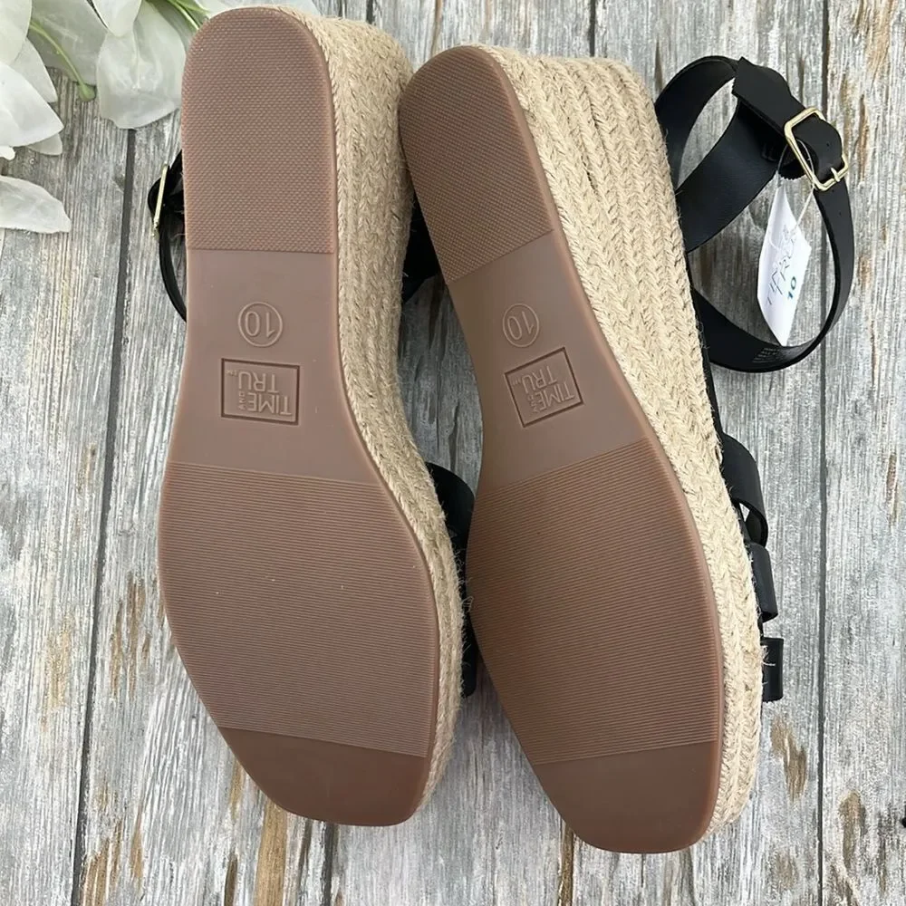 Women's Black Espadrille Wedge Sandals Shoes Size 10